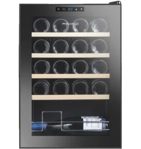 A sleek, modern wine cooler on a transparent background, showcasing its design and interior shelves.