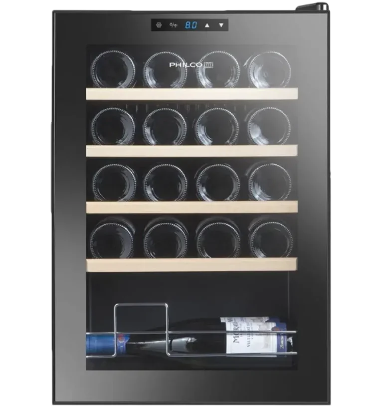 A sleek, modern wine cooler on a transparent background, showcasing its design and interior shelves.