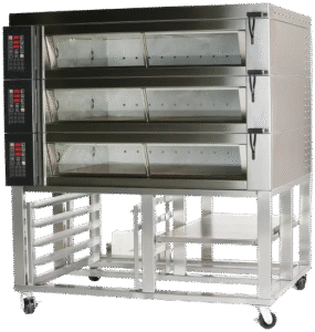 Close-up of a commercial deck oven used in bakery kitchens