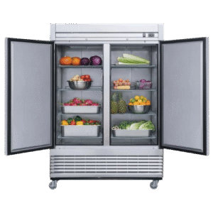 Close-up of a commercial reach-in refrigerator used in restaurants